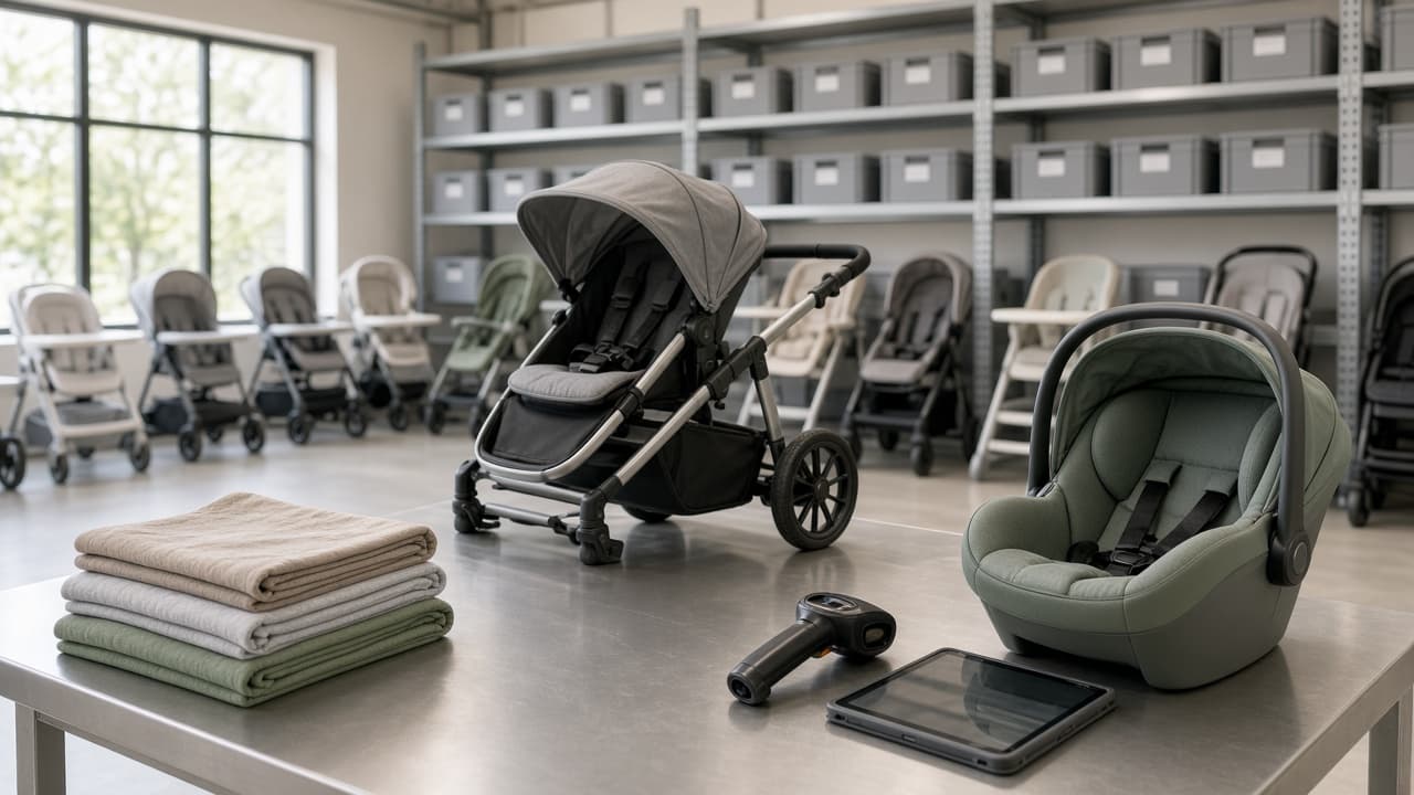 Refurbishment station with a stroller and car seat being checked