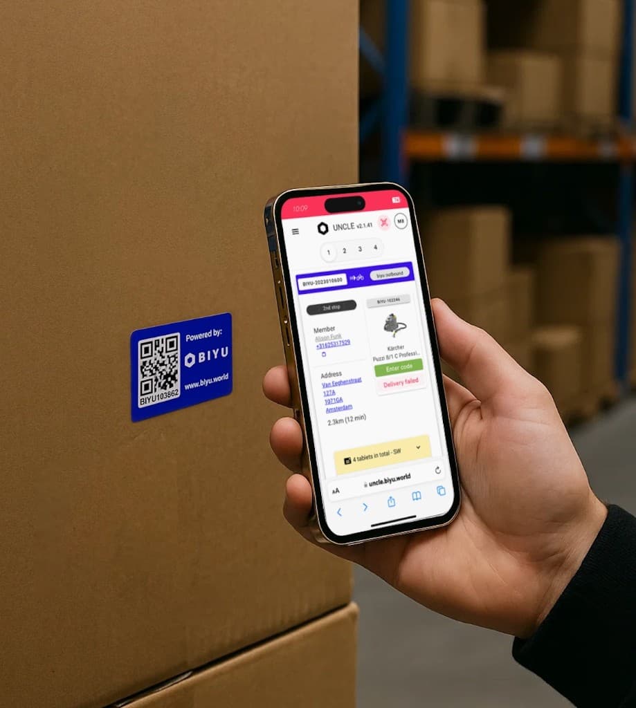 BIYU driver app scanning a serialized asset for outbound dispatch